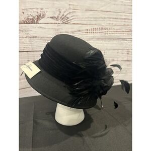VTG Jenny Buchanan 100% Wool Black Hat Black Velvet and Feathers RN#69016 NEW